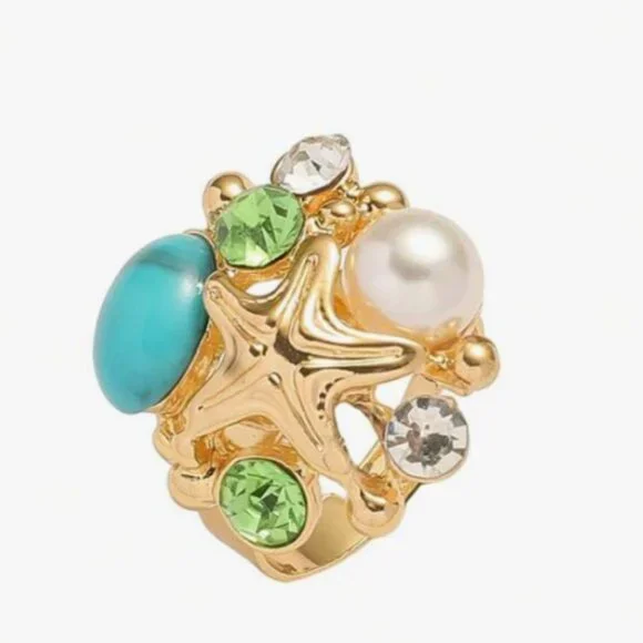 Elegant Aesthetic Simulated Pearl and Turquoise 14K gold-plated ring - Picture 2 of 3